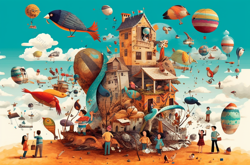 木屋热气球六一儿童节彩色画面狂欢庆祝派对孩子嬉戏书籍童真幻想插画,插画/手绘图,插画/手绘图库,插画/手绘图下载,插画/手绘